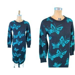 Vintage 1980s Sweater Dress Turquoise Butterfly Knit | B 38"